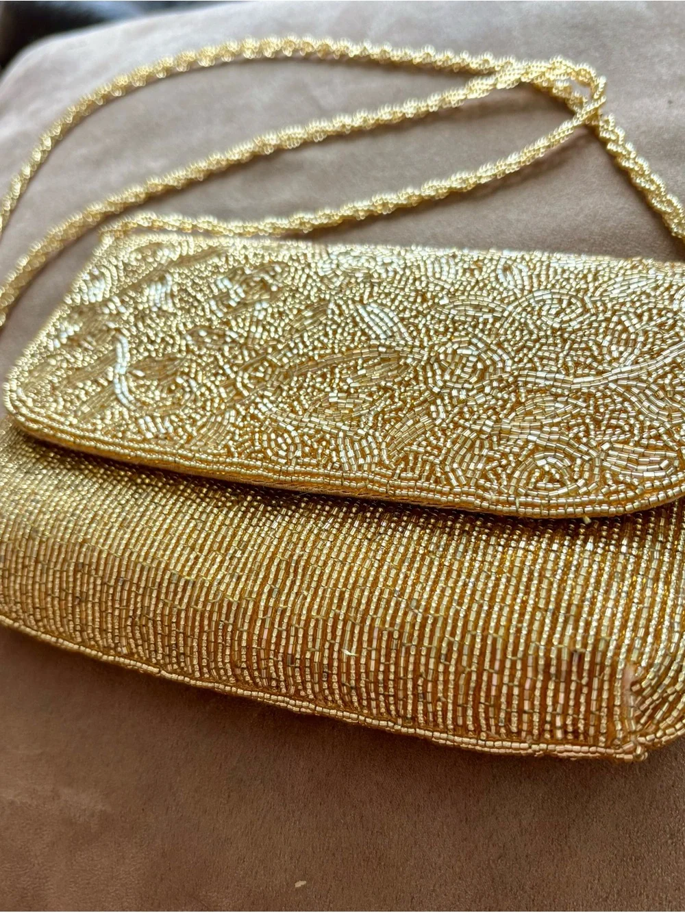 Gold Glitz Beaded Evening Clutch with Lacey Gold Chain Strap
